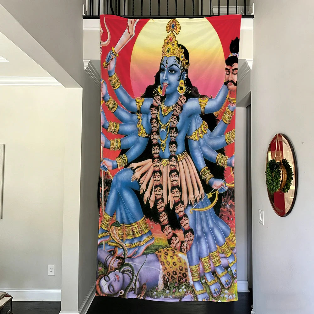 Vibrant wall art banner depicting Maa Kali in blue with gold jewelry against a red background.