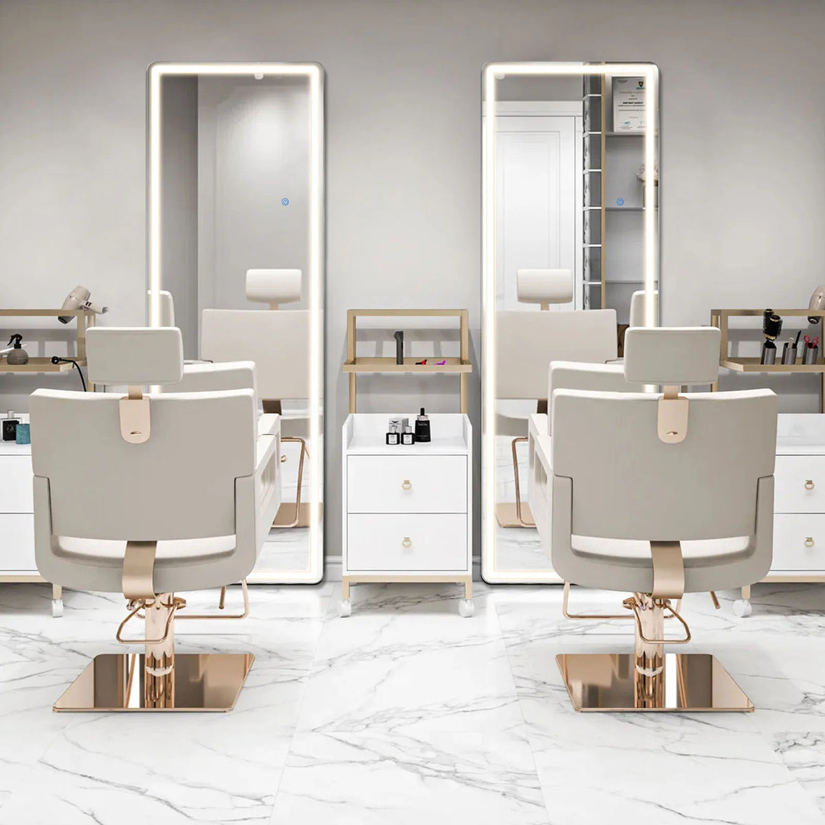 A modern salon setting featuring a full-length LED floor mirror and several stylish chairs with light gray upholstery.