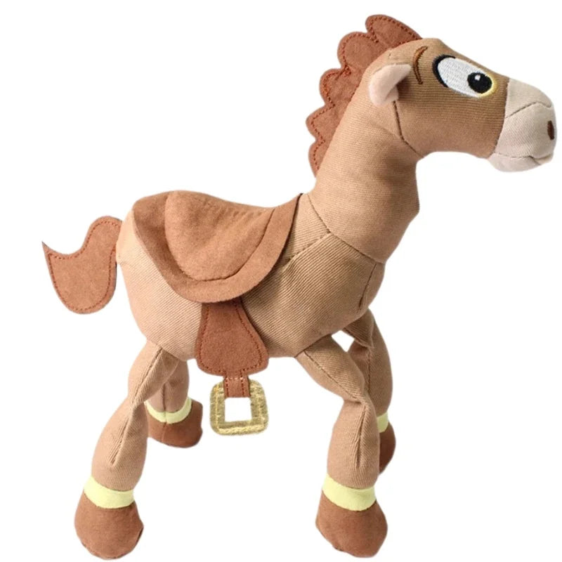 Juguete de peluche de caballo marrón de dibujos animados de pie sobre sus patas.