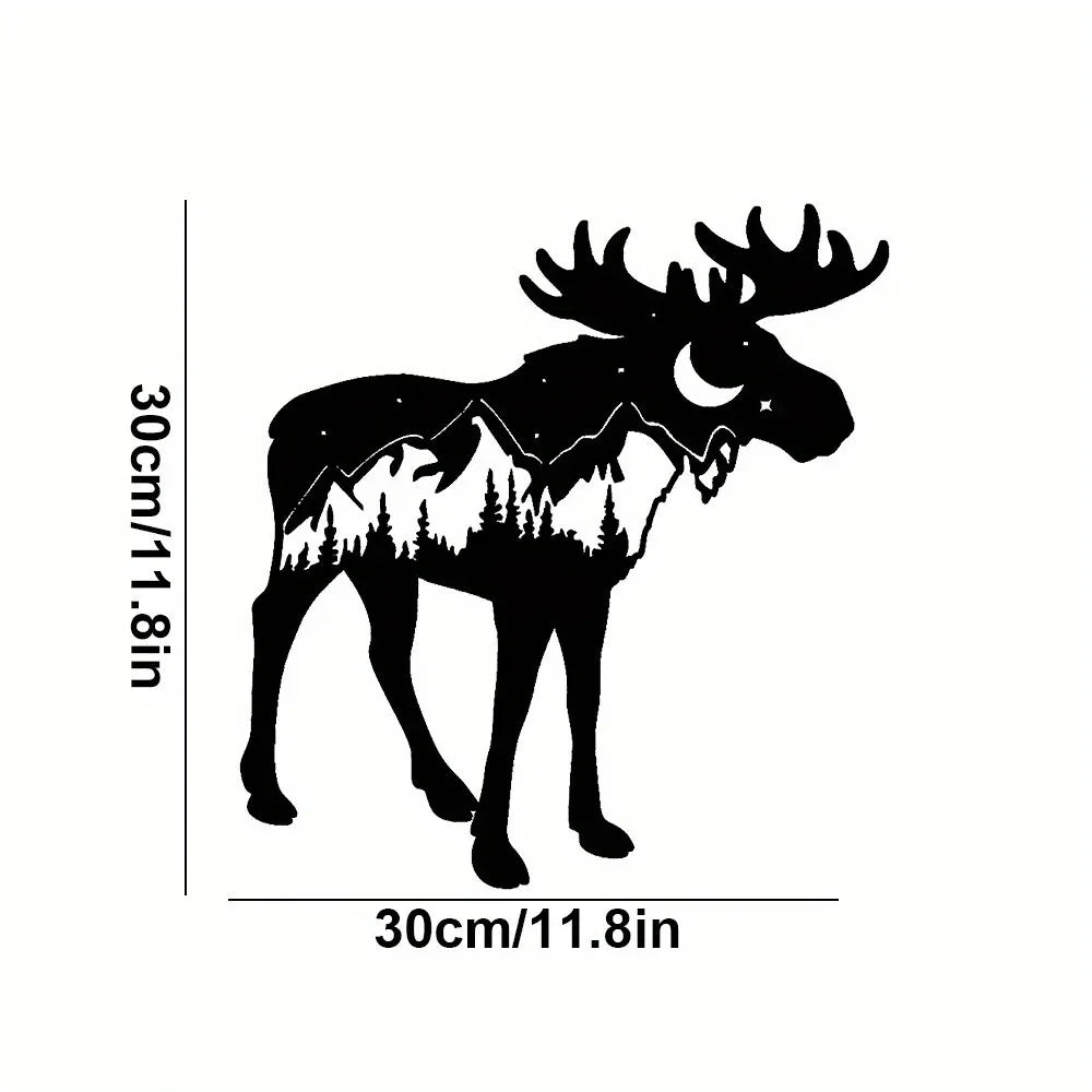 Black metal wall sculpture of a deer head with antlers and body silhouette.
