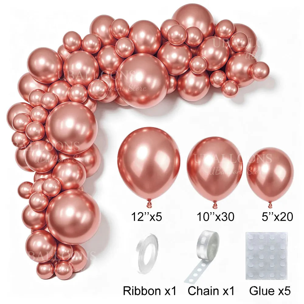 A brown rose gold latex balloon garland kit featuring balloons, ribbon, chain, and glue.