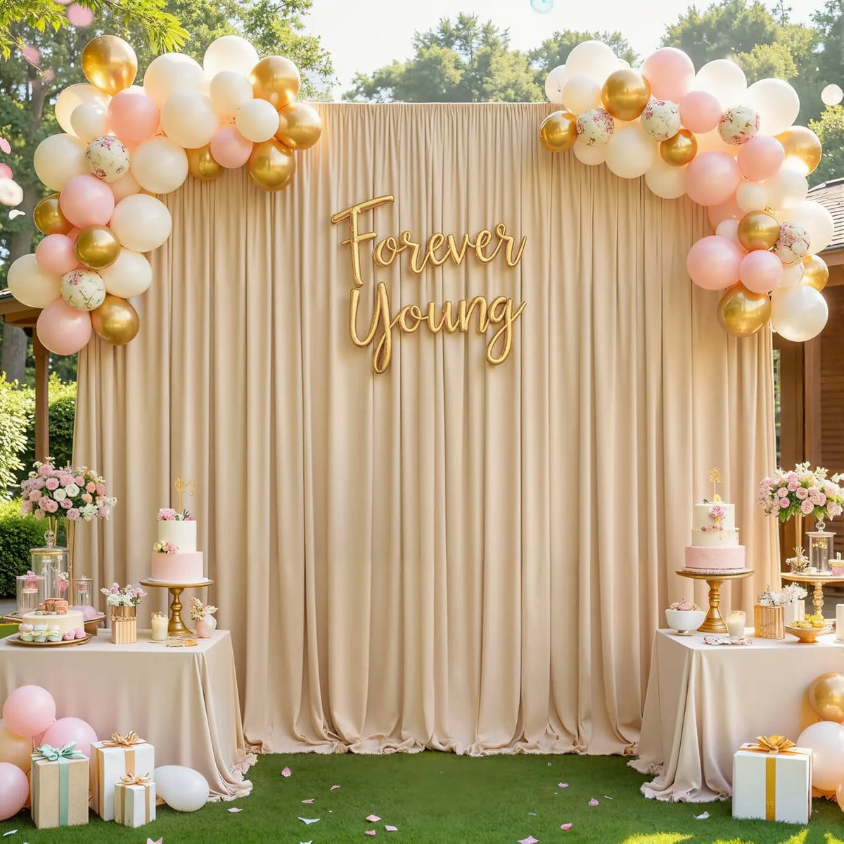 A beige fabric backdrop decorated with gold and pink balloons and a golden sign that reads Forever Young for an event.