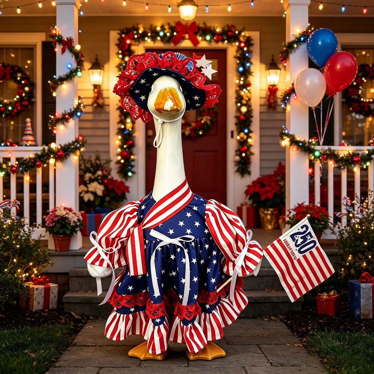 A white goose costume set with red, white, and blue patriotic stripes and stars standing in front of a decorated door.