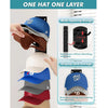 A wall-mounted cap organizer rack showing various baseball hats in different colors and layers.