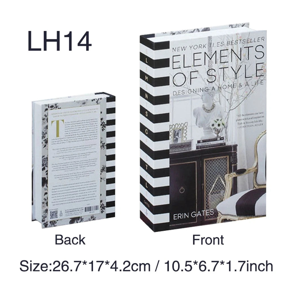 Front and back views of an Elements of Style book decor set with a black and white striped cover