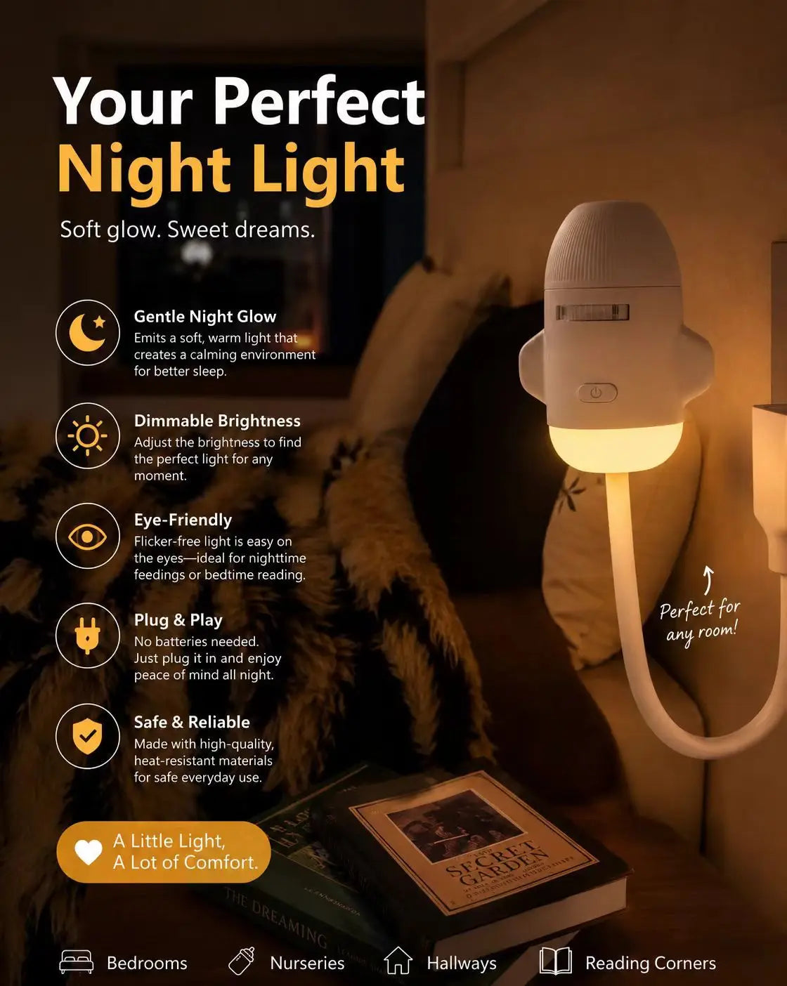 A white adjustable night light is shown next to a dark blanket and a book, highlighting its features.