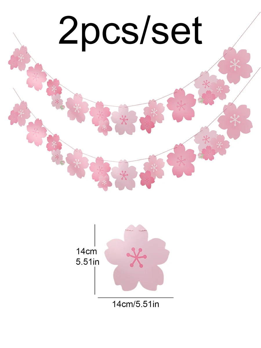 A string of pink cherry blossom paper flags, 2 pieces per set, with a single flower shown for scale.