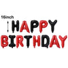 A set of 16 inch letter foil balloons spelling out HAPPY BIRTHDAY in red and black.