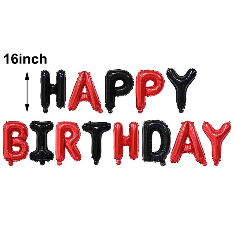 A set of 16 inch letter foil balloons spelling out HAPPY BIRTHDAY in red and black.