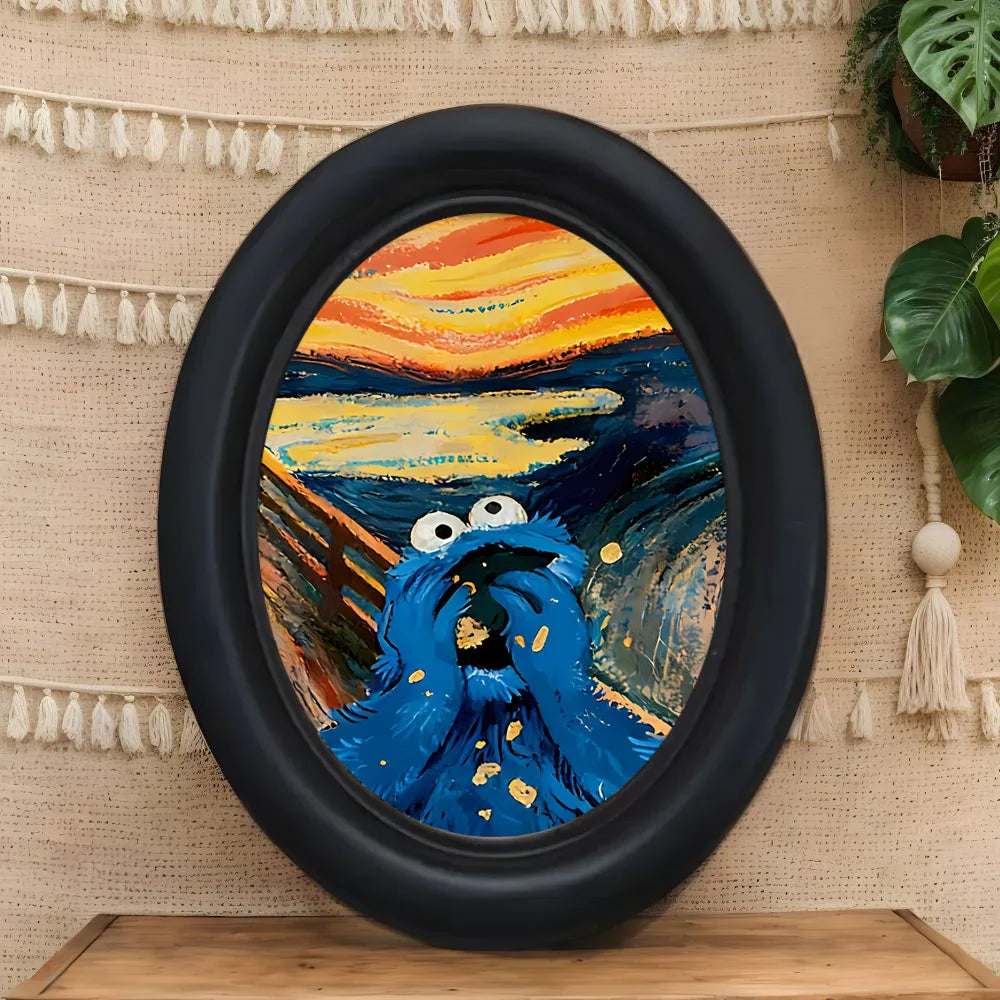 An abstract painting featuring bright orange and yellow tones against a dark blue background inside a black oval wooden pictu