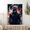 Anime wall poster of Gojo Satoru with white hair and dark clothing against a fiery background