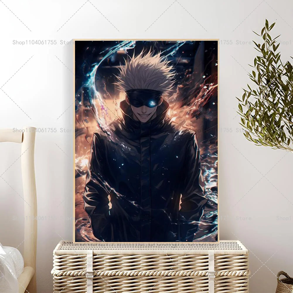 Anime wall poster of Gojo Satoru with white hair and dark clothing against a fiery background