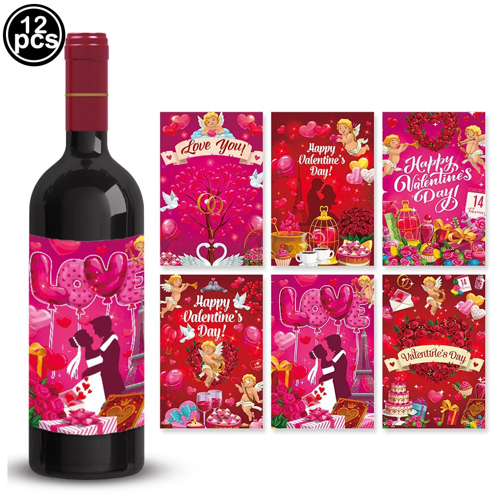 A bottle of red wine next to a set of Valentine's Day themed cards featuring hearts and balloons.