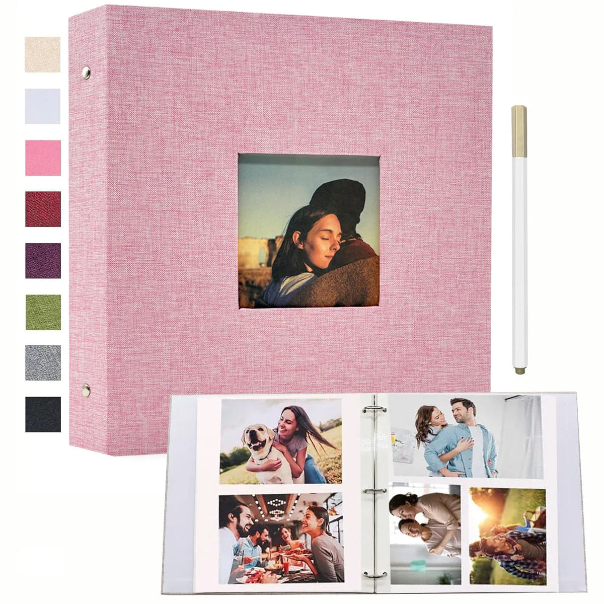 A pink linen scrapbook album with a clear window displaying a photo, next to color swatches and a gold pen.