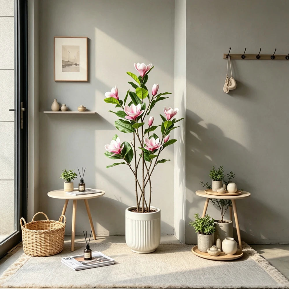 A tall artificial magnolia tree with pink silk flowers in a white pot displayed indoors.