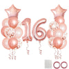 A collection of rose gold foil balloons including star-shaped and round balloons for birthday party decor.