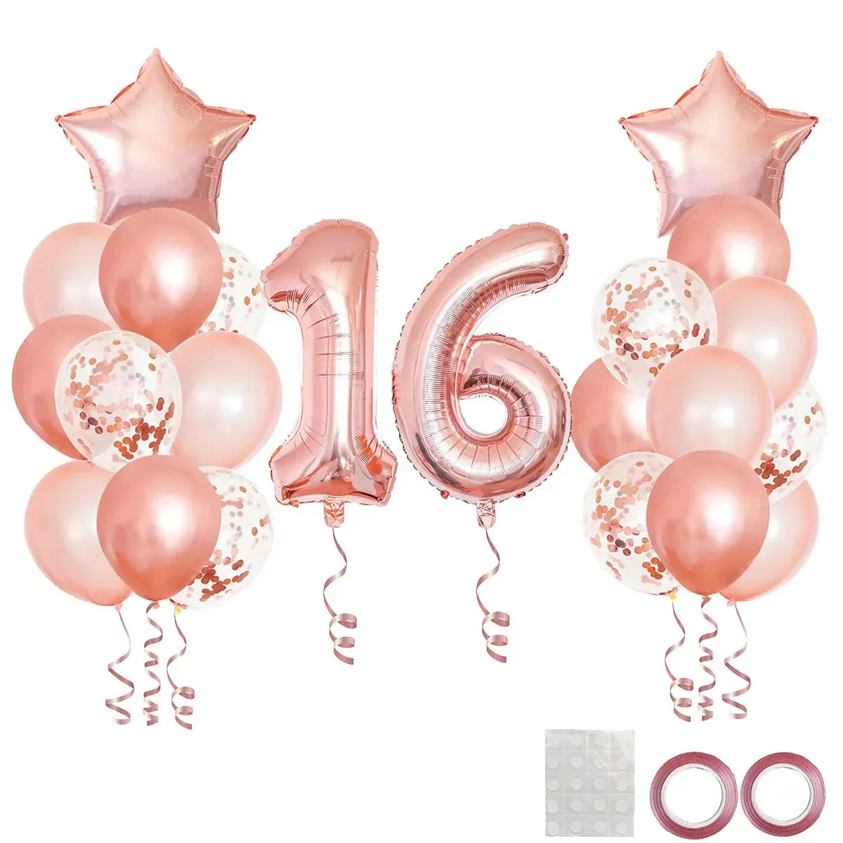 A collection of rose gold foil balloons including star-shaped and round balloons for birthday party decor.