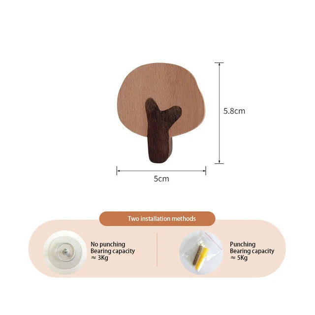 A round, brown wooden animal hook with a curved shape shown next to its dimensions and installation capacity details.