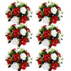 A set of six rose ball centerpieces featuring red and white silk artificial flowers.