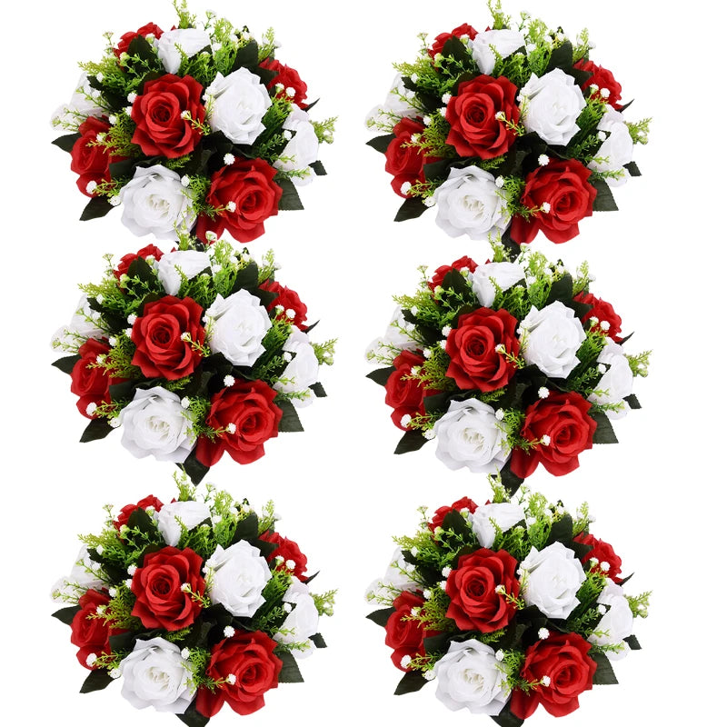 A set of six rose ball centerpieces featuring red and white silk artificial flowers.