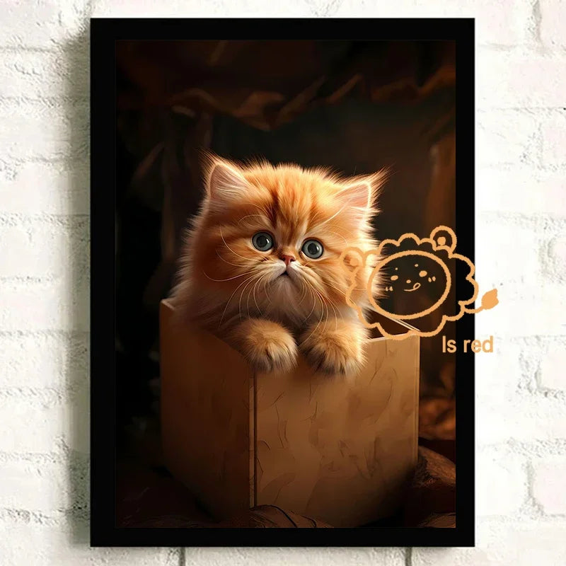 A fluffy orange Persian kitten peeking out of a cardboard box.