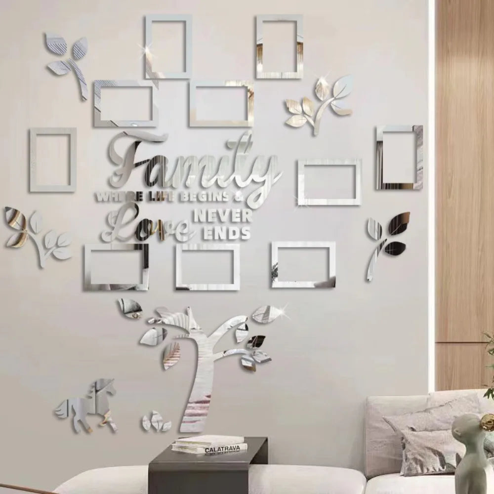 A wall collage featuring a silver and gold 3D family tree design with the text Family Where Love Begins and Never Ends