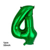 A shiny green latex balloon shaped like the number 4 for party decorations