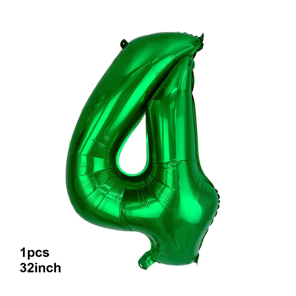 A shiny green latex balloon shaped like the number 4 for party decorations