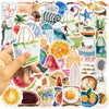 A collection of colorful summer graffiti stickers featuring tropical fruits, suns, and beach themes.