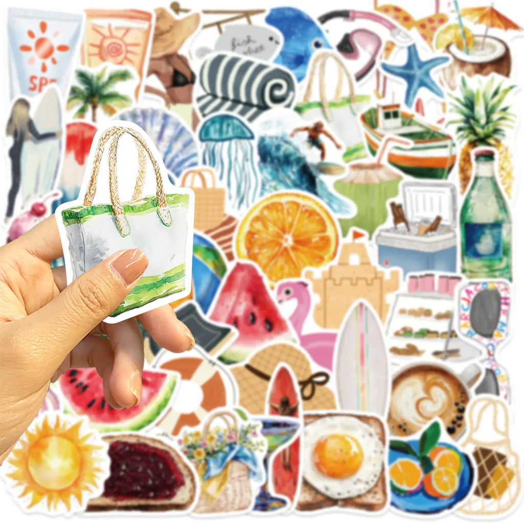 A collection of colorful summer graffiti stickers featuring tropical fruits, suns, and beach themes.