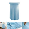 Light blue stretch spandex round tablecloth with a pleated skirt shown from the side and close-up.