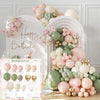 A pink latex balloon arch kit featuring various shades of pink, green, and white balloons arranged in a decorative display.