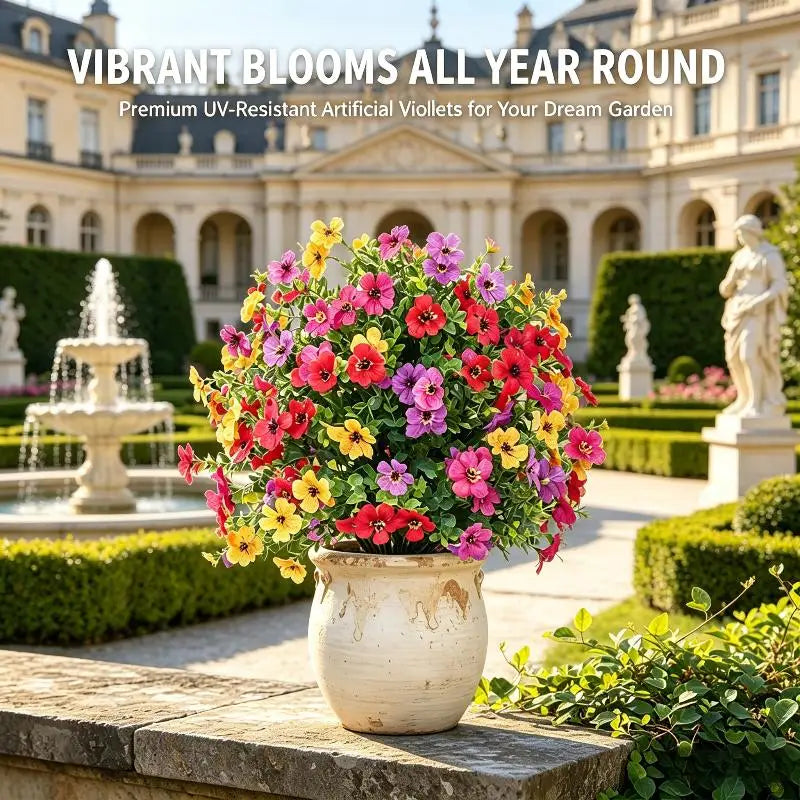 A vibrant bouquet of purple, pink, and yellow artificial violets in a white pot set against a classical garden backdrop.