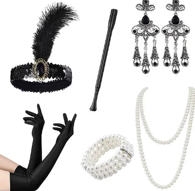 1920s Gatsby Flapper Accessory Set with Headband, Gloves, Pearl Necklace & Cigarette Holder
