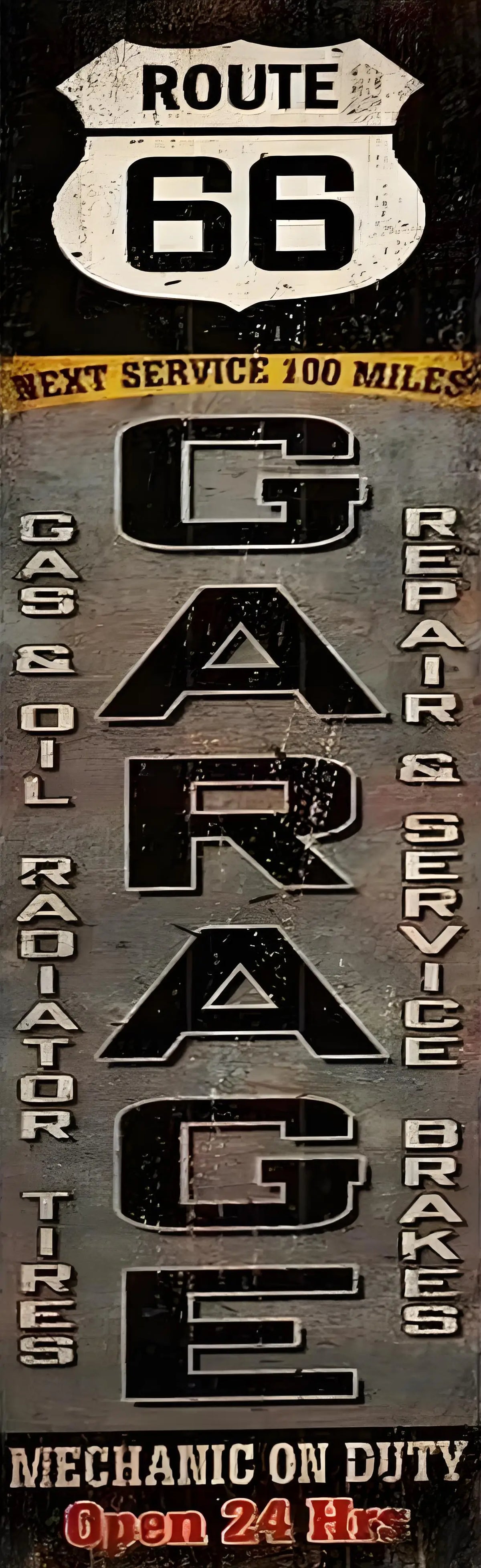 A vintage metal sign for Route 66 service featuring text like Gas & Oil, Radiator, Tires, and Engine Repair & Service.