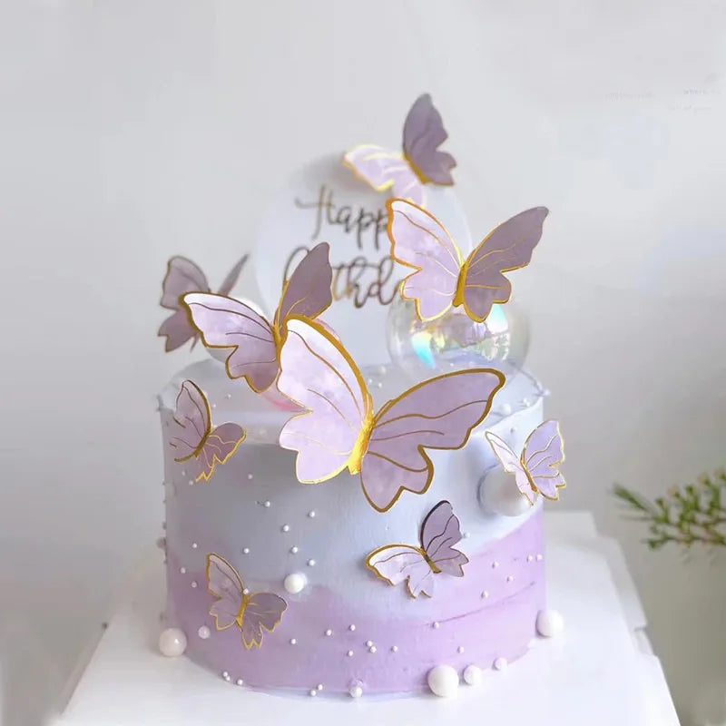 A purple cake decorated with paper butterfly toppers and edible pearls.