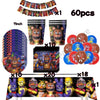 A collection of Five Nights at Freddy's themed birthday party supplies including banners, cups, and plush toys.