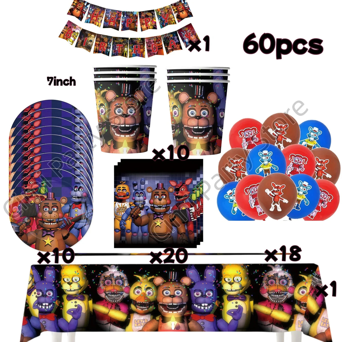 A collection of Five Nights at Freddy's themed birthday party supplies including banners, cups, and plush toys.