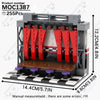 A gray building block set model of a character display featuring red and black elements.