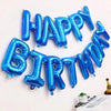 A circular arrangement of blue foil letter balloons spelling out HAPPY BIRTHDAY for decoration.