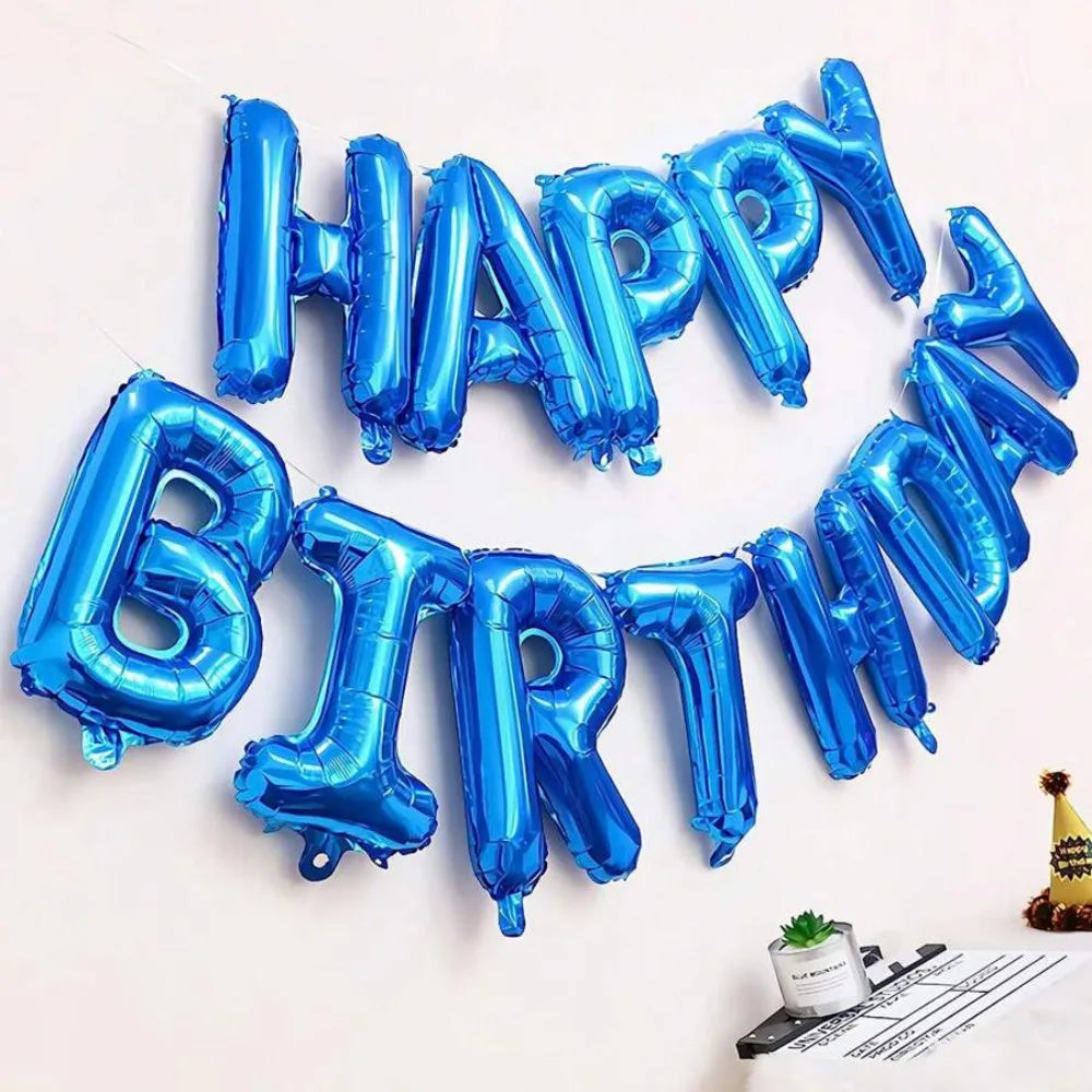 A circular arrangement of blue foil letter balloons spelling out HAPPY BIRTHDAY for decoration.