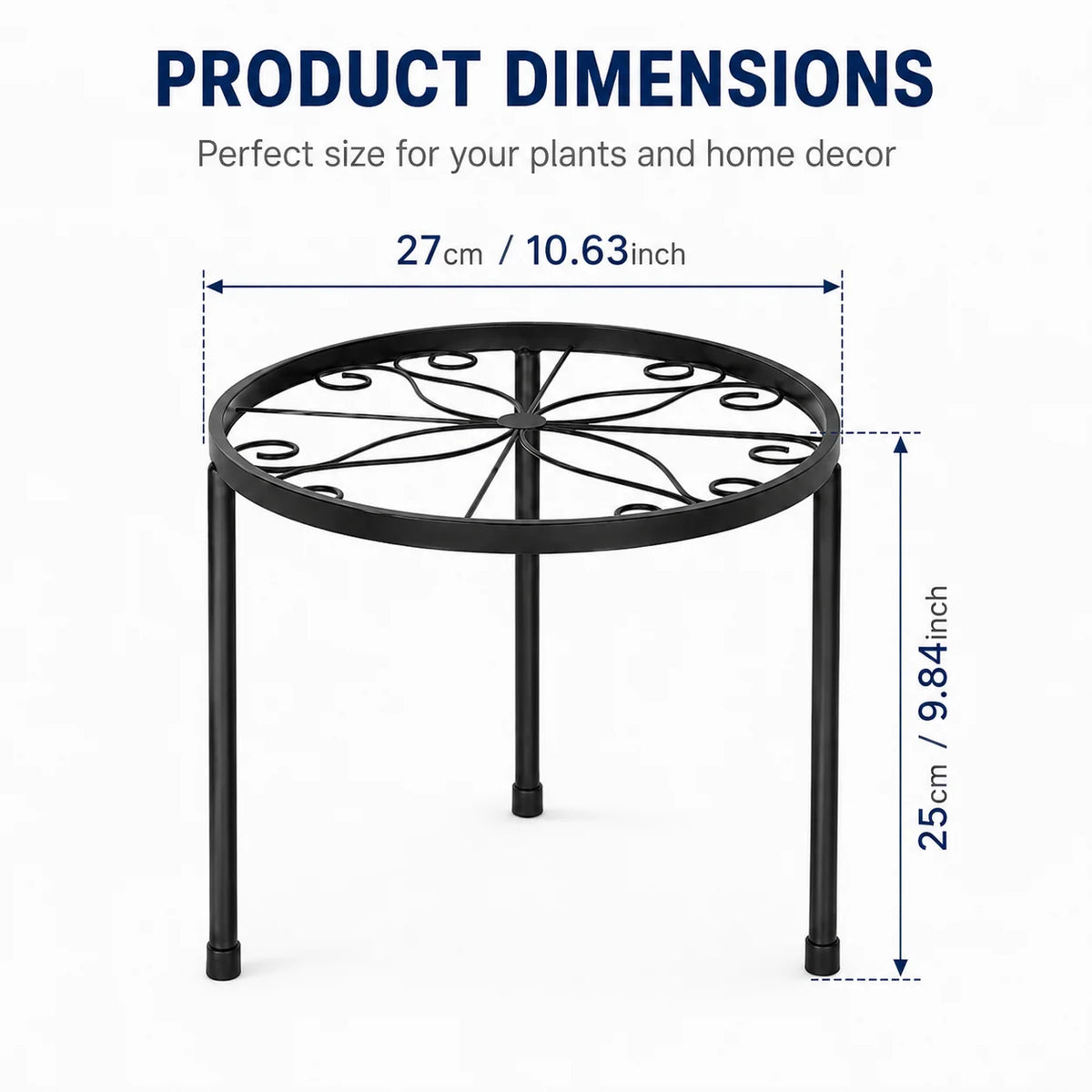 Black metal corner plant stand with a circular top and four legs for indoor or outdoor use