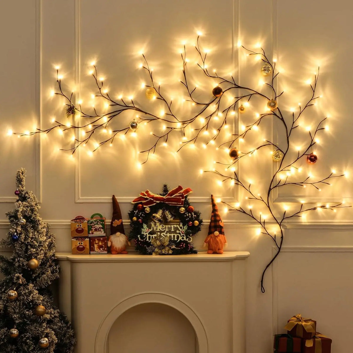 A decorative display of bendable LED vine string lights with remote control arranged on a mantelpiece.