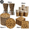 A set of leopard print foil balloon party decorations including straws and plates in various quantities.