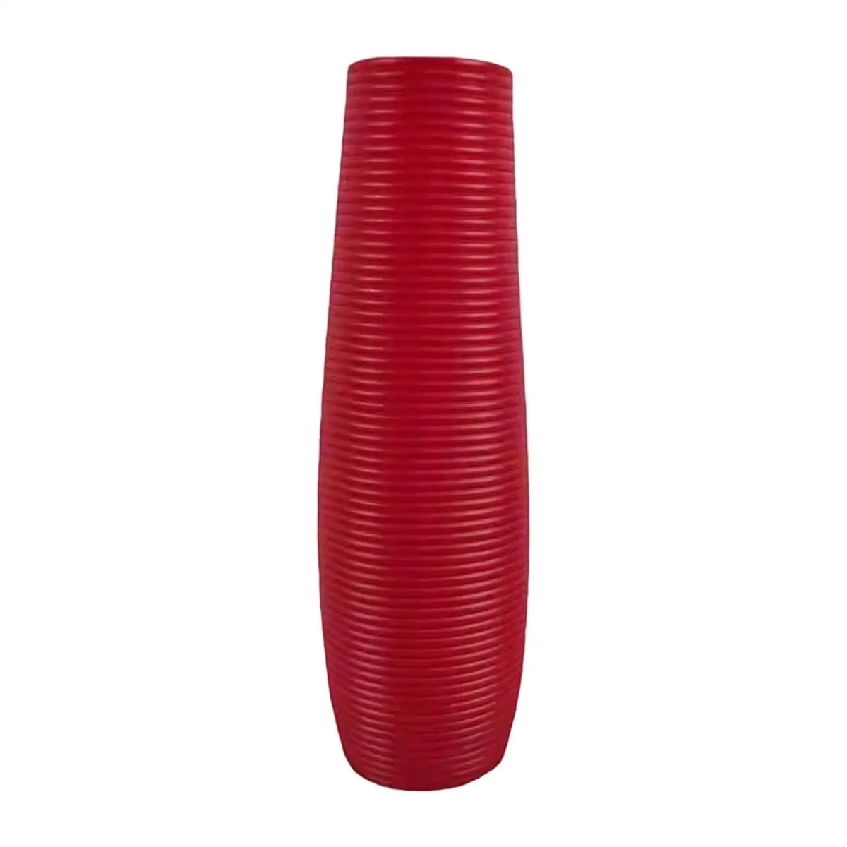 A modern tall floor vase with a ribbed texture in bright red.
