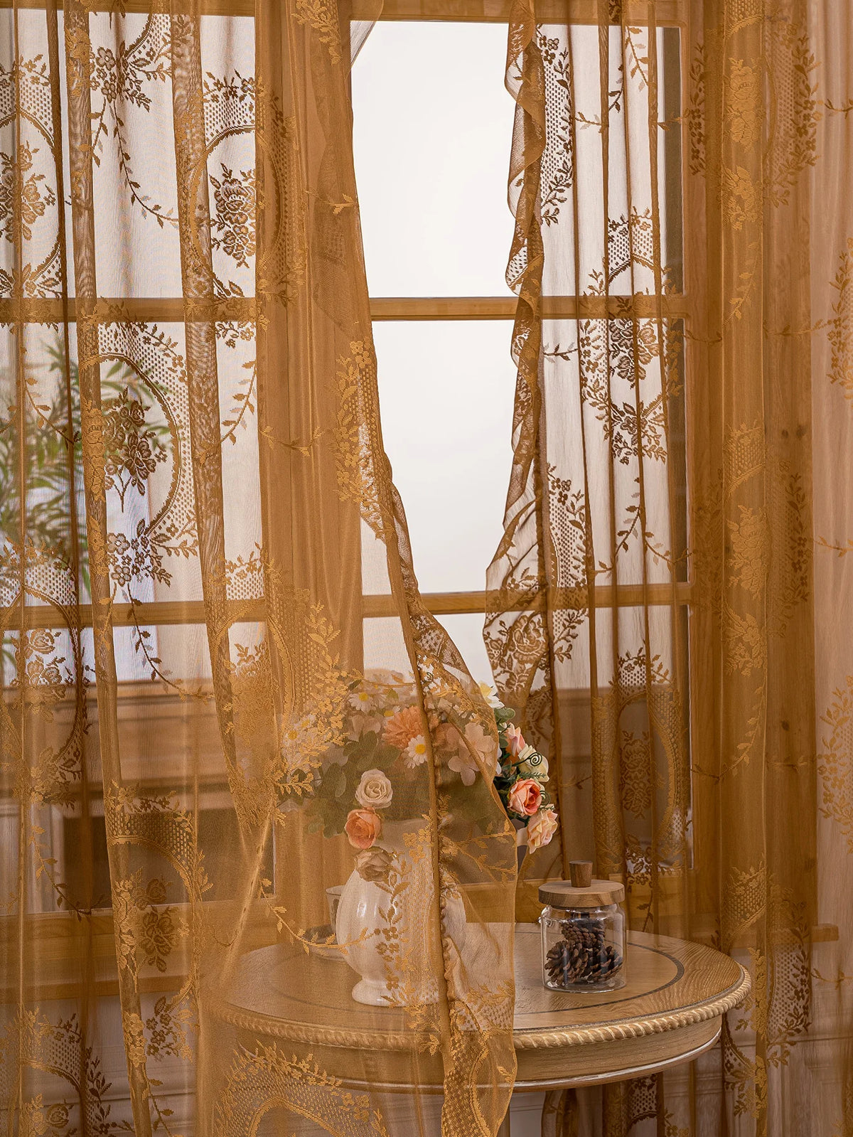 Vintage Golden Floral Lace Sheer Curtains with Ruffled Edge