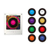 A collection of black vinyl records with glowing discs arranged in a circle.