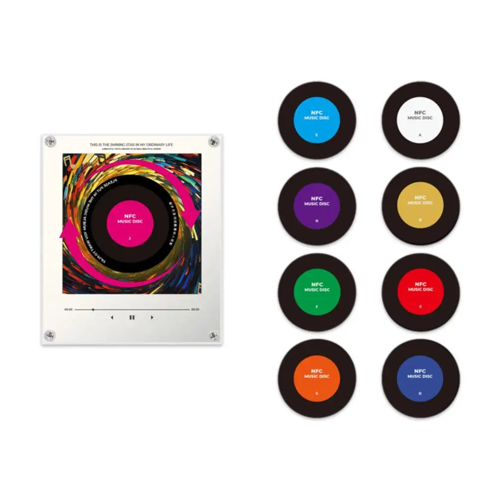 A collection of black vinyl records with glowing discs arranged in a circle.