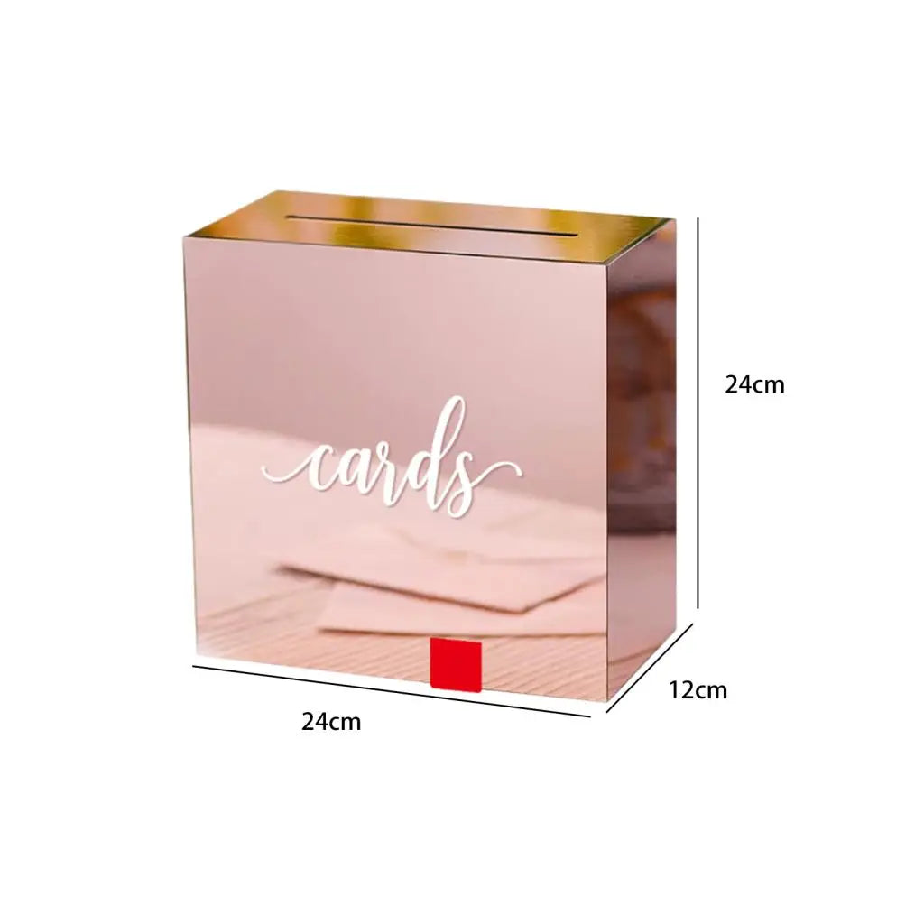 A rectangular pink acrylic gift box with a gold rim and a wooden base, shown in a side view.