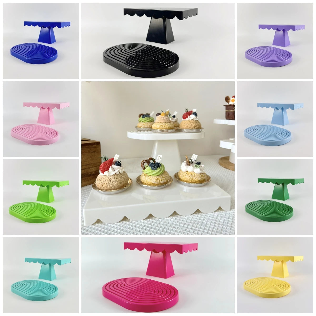 A set of two pink cupcake stands for party decor shown in various colors and angles.